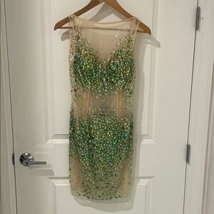 Mac Duggal Tan/Sheer Sequin Cocktail Dress